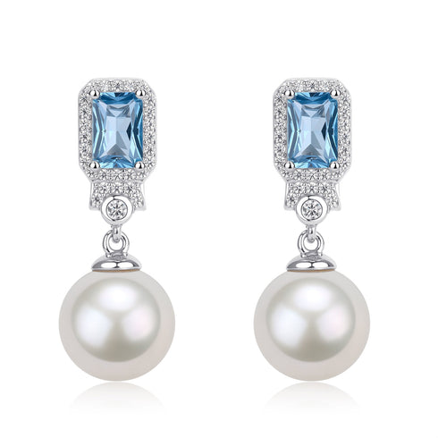 Clear Blue Zirconia Pearl Earrings - Gold vermeil / Sterling Silver